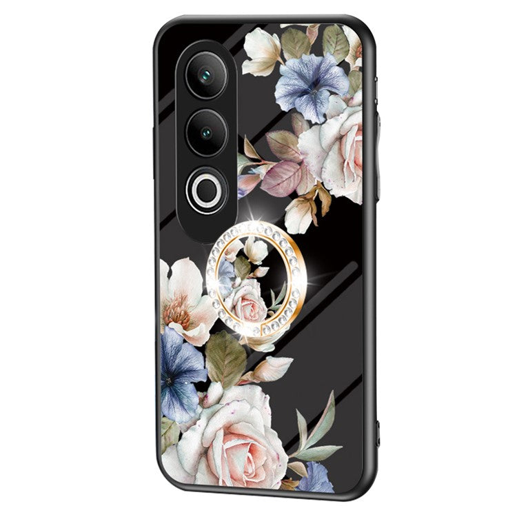For OnePlus Nord CE4 5G Case Tempered Glass Pattern Printing Phone Cover with Ring Kickstand - Black Flower Bush