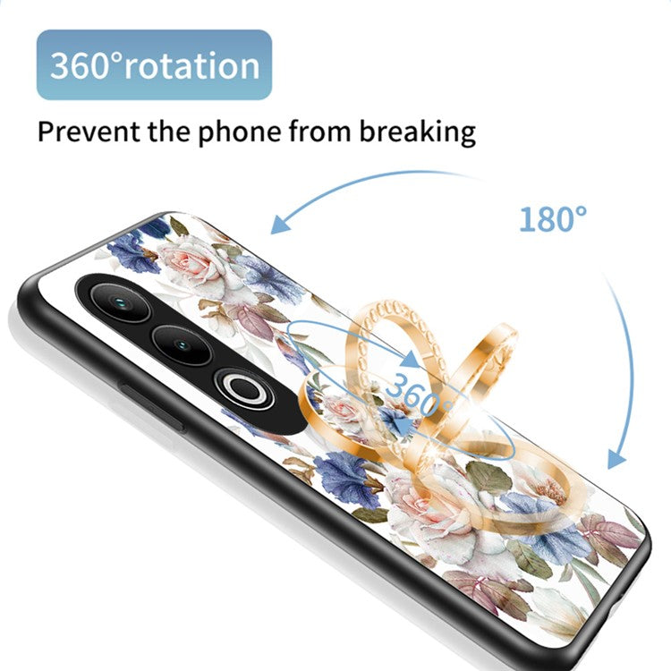 For OnePlus Nord CE4 5G Case Tempered Glass Pattern Printing Phone Cover with Ring Kickstand - Black Flower Bush