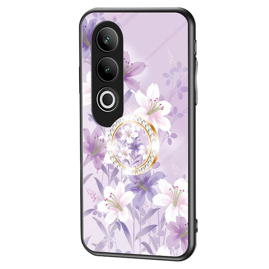 For OnePlus Nord CE4 5G Case Tempered Glass Pattern Printing Phone Cover with Ring Kickstand - Purple Magnolia
