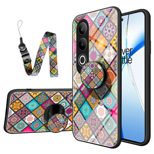For OnePlus Nord CE4 5G Case Kickstand Ethnic Pattern Tempered Glass+PC+TPU Phone Cover - Checkered Pattern