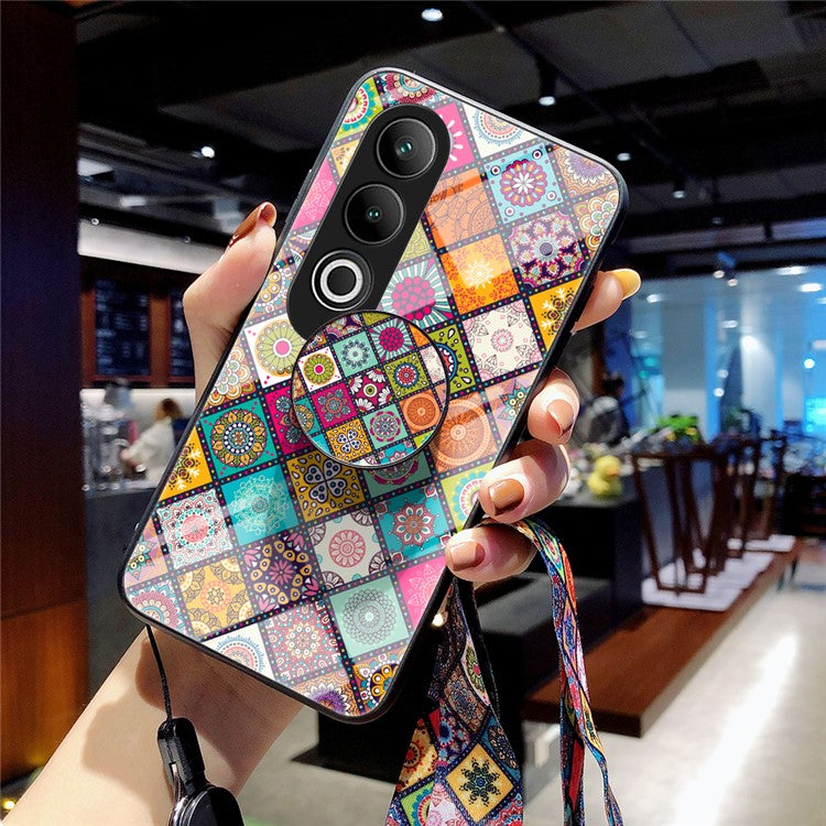 For OnePlus Nord CE4 5G Case Kickstand Ethnic Pattern Tempered Glass+PC+TPU Phone Cover - Checkered Pattern