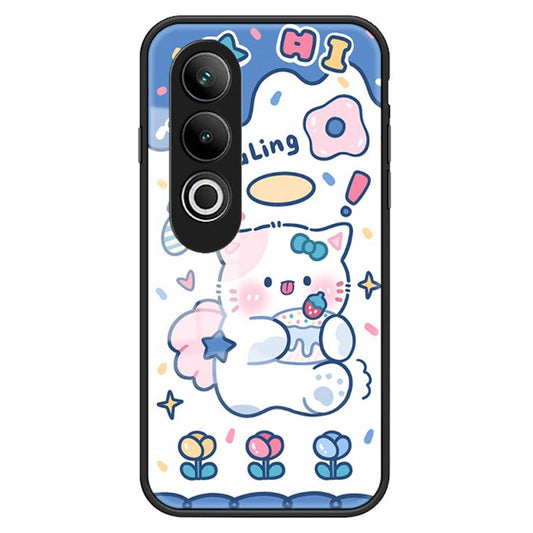For OnePlus Nord CE4 5G Case Tempered Glass Phone Cover Cute Animal Art Pattern - Angel Cat