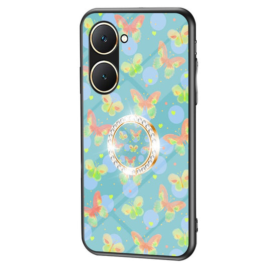 For vivo Y03 Case Butterfly Pattern Tempered Glass Phone Cover Rotation Finger Holder - Lush Butterfly