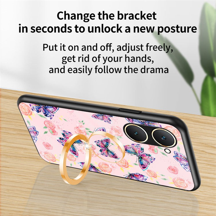 For vivo Y03 Case Butterfly Pattern Tempered Glass Phone Cover Rotation Finger Holder - Colorful Butterfly