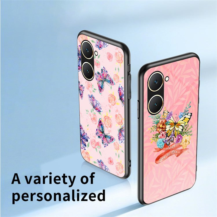 For vivo Y03 Case Butterfly Pattern Tempered Glass Phone Cover Rotation Finger Holder - Rose Butterfly