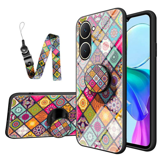 For vivo Y03 Case Kickstand Ethnic Pattern Tempered Glass+PC+TPU Phone Cover - Color Pattern