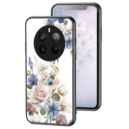 For Realme 12 Pro+ 5G / 12 Pro Case Ring Holder Tempered Glas Phone Cover Flowers Design - White Flower Bush