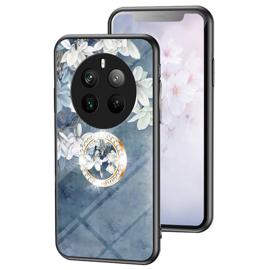 For Realme 12 Pro+ 5G / 12 Pro Case Ring Holder Tempered Glas Phone Cover Flowers Design - Chinese Rose