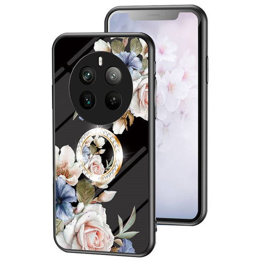 For Realme 12 Pro+ 5G / 12 Pro Case Ring Holder Tempered Glas Phone Cover Flowers Design - Black Flower Bush