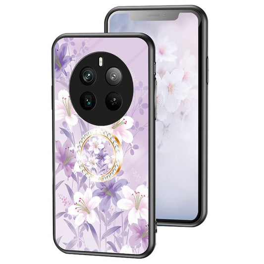 For Realme 12 Pro+ 5G / 12 Pro Case Ring Holder Tempered Glas Phone Cover Flowers Design - Purple Magnolia