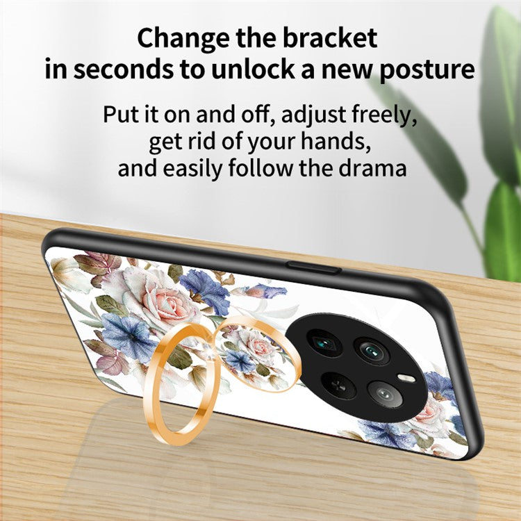For Realme 12 Pro+ 5G / 12 Pro Case Ring Holder Tempered Glas Phone Cover Flowers Design - Glamorous Peony