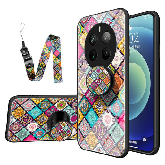 For Realme 12 Pro 5G / 12 Pro+ 5G Tempered Glass Case Pattern Print Kickstand Phone Cover -  Checkered Pattern