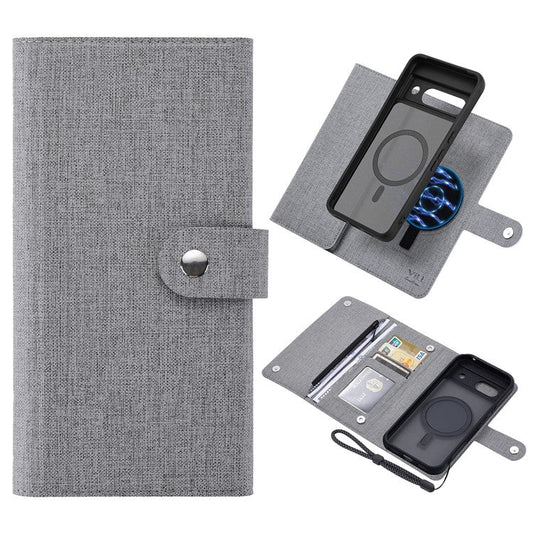 GMB Series For Google Pixel 8a Magnetic Case RFID Blocking Detachable Leather Wallet Phone Cover - Grey
