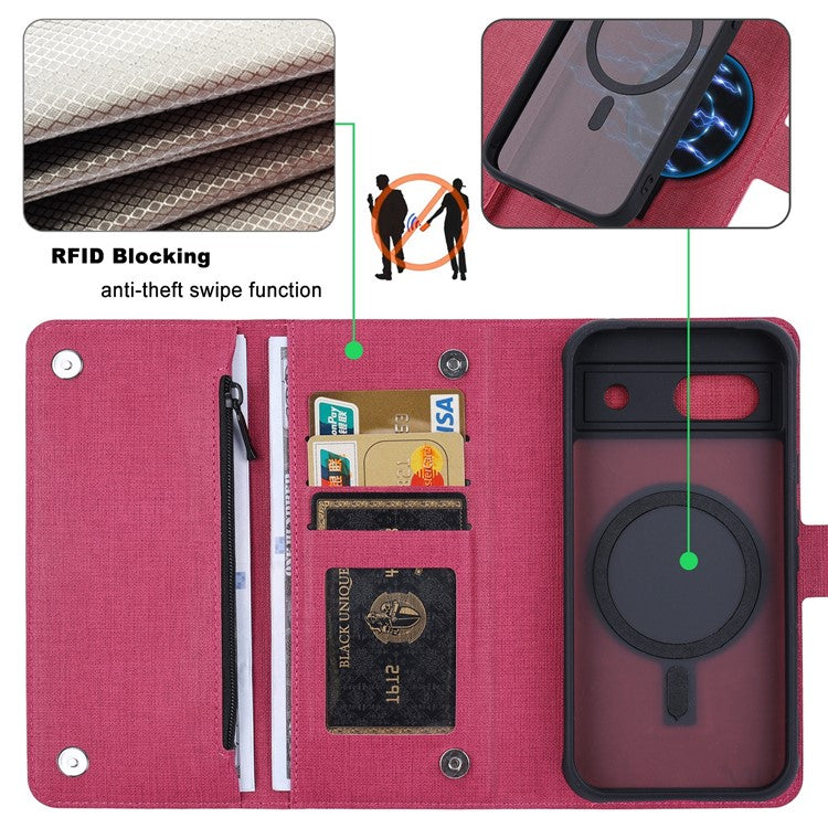 GMB Series For Google Pixel 8a Magnetic Case RFID Blocking Detachable Leather Wallet Phone Cover - Rose