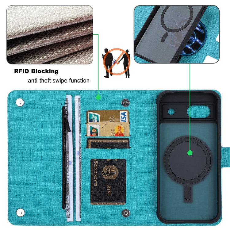 GMB Series For Google Pixel 8a Magnetic Case RFID Blocking Detachable Leather Wallet Phone Cover - Blue