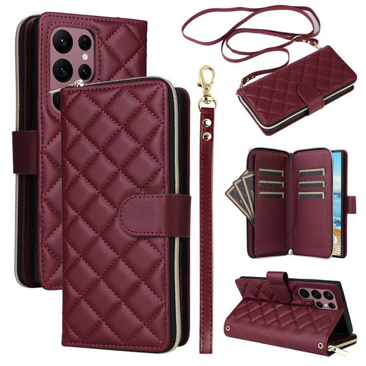 For Samsung Galaxy S22 Ultra 5G Case Rhombus Grid Leather Phone Cover with Zipper Pocket - Wine Red