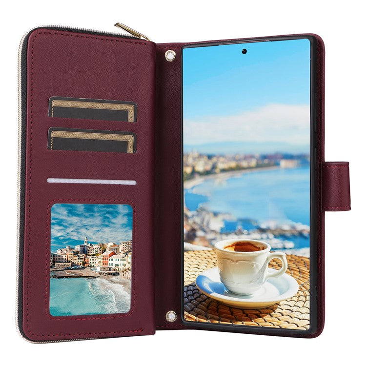 For Samsung Galaxy S22 Ultra 5G Case Rhombus Grid Leather Phone Cover with Zipper Pocket - Wine Red