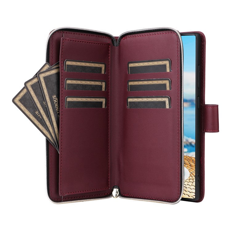 For Samsung Galaxy S22 Ultra 5G Case Rhombus Grid Leather Phone Cover with Zipper Pocket - Wine Red