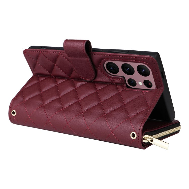 For Samsung Galaxy S22 Ultra 5G Case Rhombus Grid Leather Phone Cover with Zipper Pocket - Wine Red