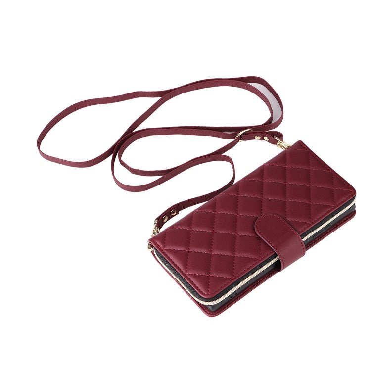 For Samsung Galaxy S22 Ultra 5G Case Rhombus Grid Leather Phone Cover with Zipper Pocket - Wine Red