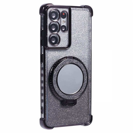 For Samsung Galaxy S21 Ultra 5G Case Glitter TPU Mirror Phone Cover Kickstand - Black
