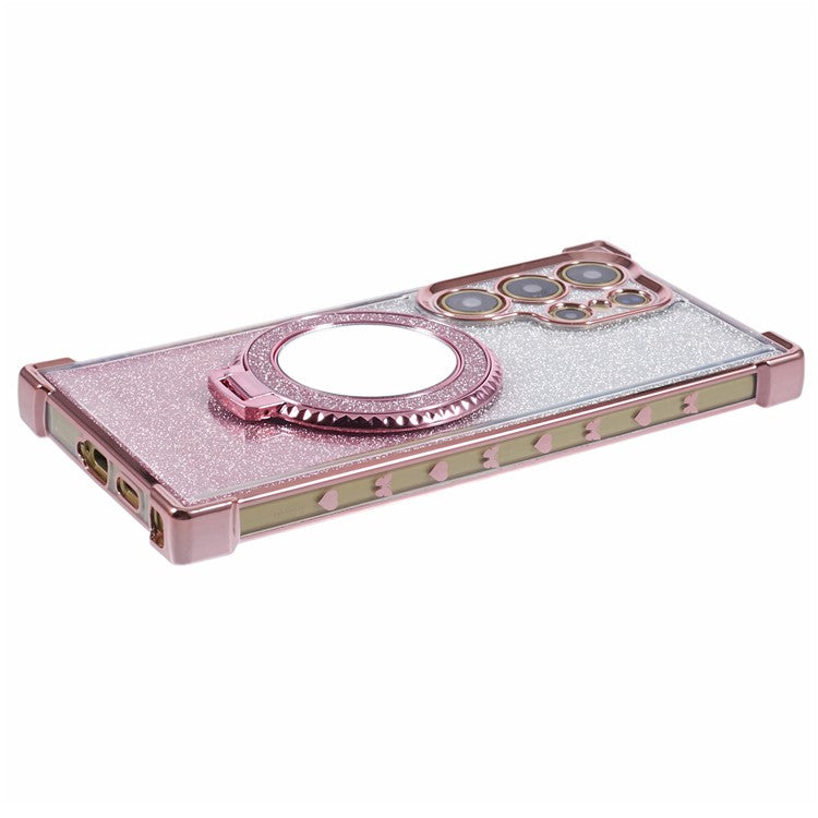 For Samsung Galaxy S24 Ultra Case Glitter TPU Phone Cover with Kickstand Mirror - Pink