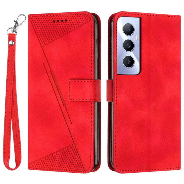 For Realme C65 4G Phone Stand Case Triangle Imprinted Anti-Dorp Leather Phone Cover with Stand - Red