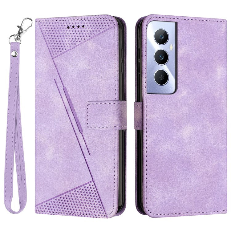For Realme C65 4G Phone Stand Case Triangle Imprinted Anti-Dorp Leather Phone Cover with Stand - Purple