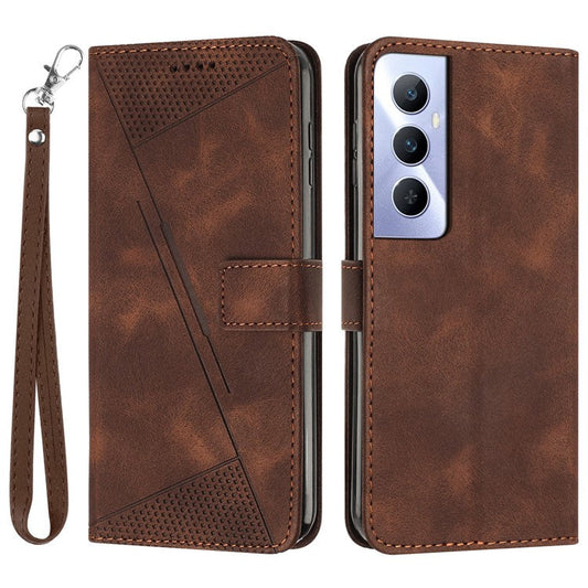 For Realme C65 4G Phone Stand Case Triangle Imprinted Anti-Dorp Leather Phone Cover with Stand - Brown