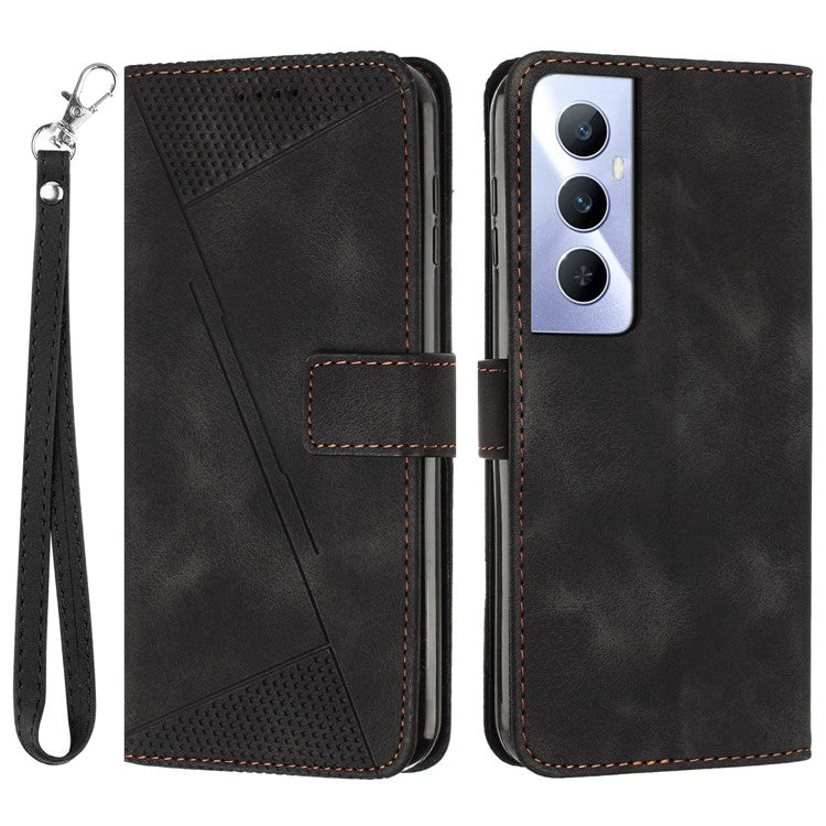 For Realme C65 4G Phone Stand Case Triangle Imprinted Anti-Dorp Leather Phone Cover with Stand - Black