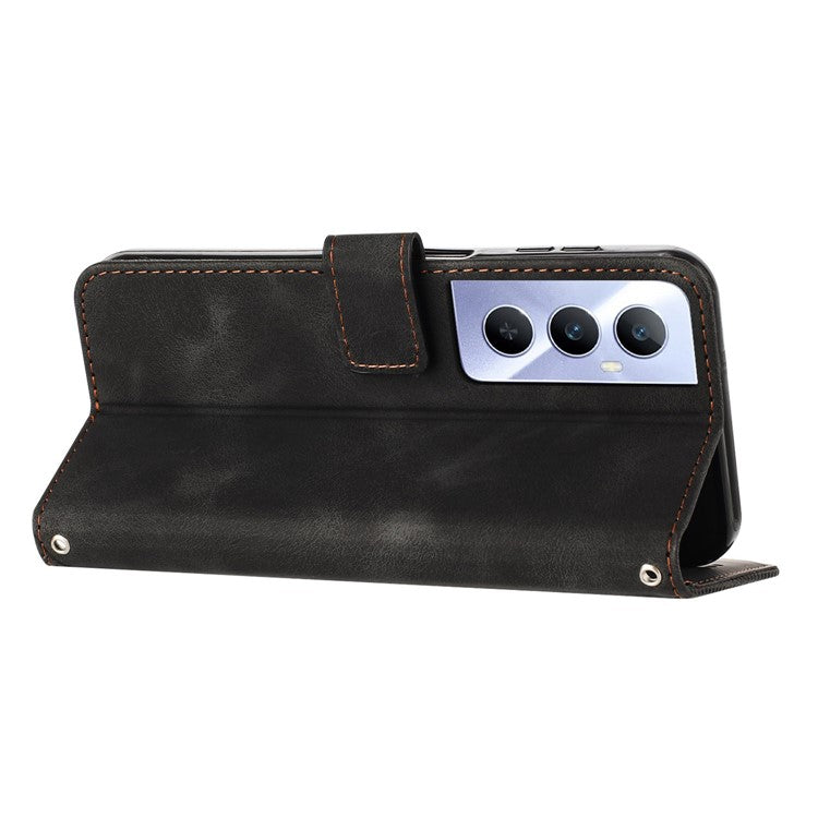 For Realme C65 4G Phone Stand Case Triangle Imprinted Anti-Dorp Leather Phone Cover with Stand - Black