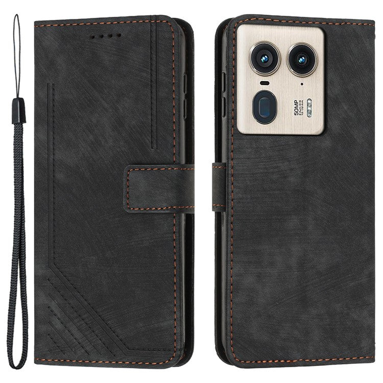 For Motorola Edge 50 Ultra 5G / Moto X50 Ultra 5G Phone Case Lines Imprint PU Leather Wallet Stand Cover - Black