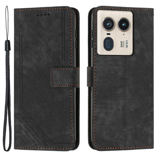For Motorola Edge 50 Ultra 5G / Moto X50 Ultra 5G Phone Case Lines Imprint PU Leather Wallet Stand Cover - Black