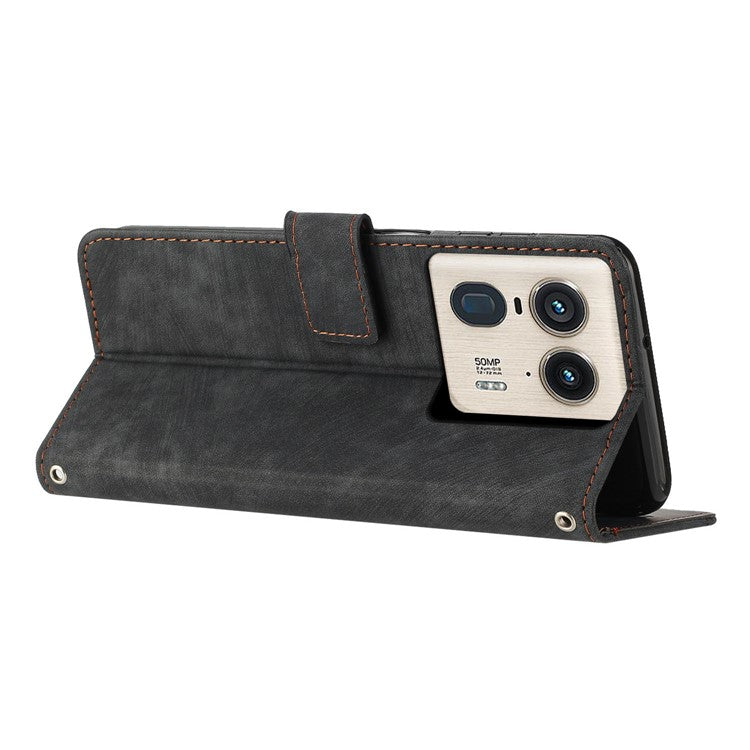 For Motorola Edge 50 Ultra 5G / Moto X50 Ultra 5G Phone Case Lines Imprint PU Leather Wallet Stand Cover - Black