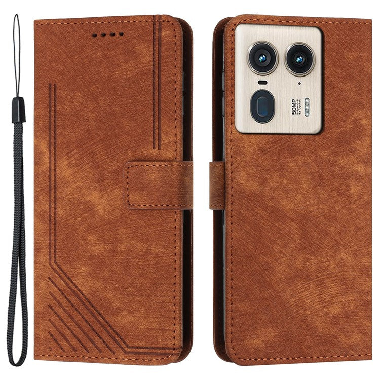 For Motorola Edge 50 Ultra 5G / Moto X50 Ultra 5G Phone Case Lines Imprint PU Leather Wallet Stand Cover - Brown