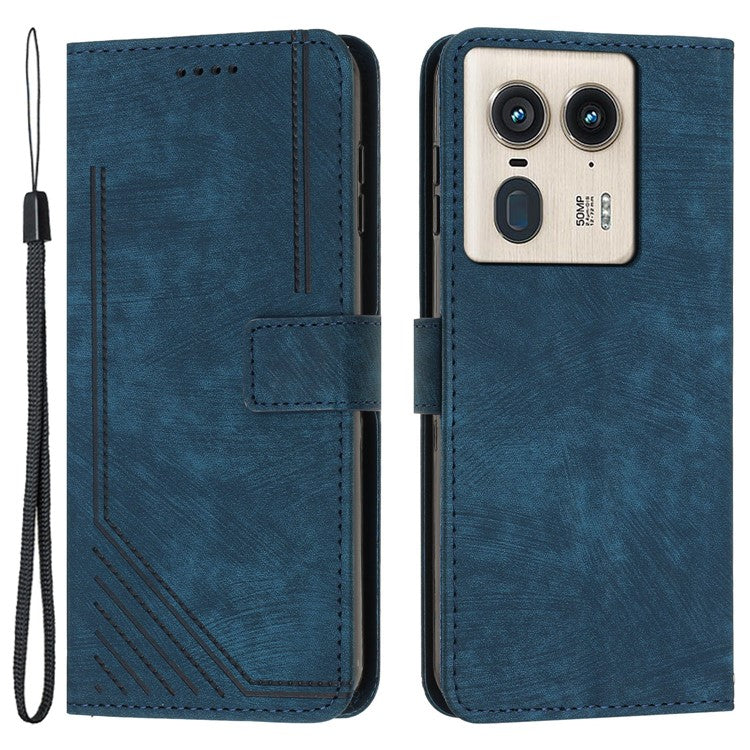 For Motorola Edge 50 Ultra 5G / Moto X50 Ultra 5G Phone Case Lines Imprint PU Leather Wallet Stand Cover - Sapphire