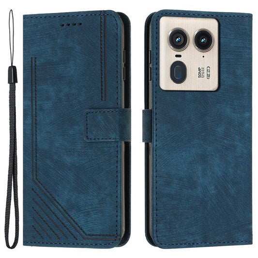 For Motorola Edge 50 Ultra 5G / Moto X50 Ultra 5G Phone Case Lines Imprint PU Leather Wallet Stand Cover - Sapphire