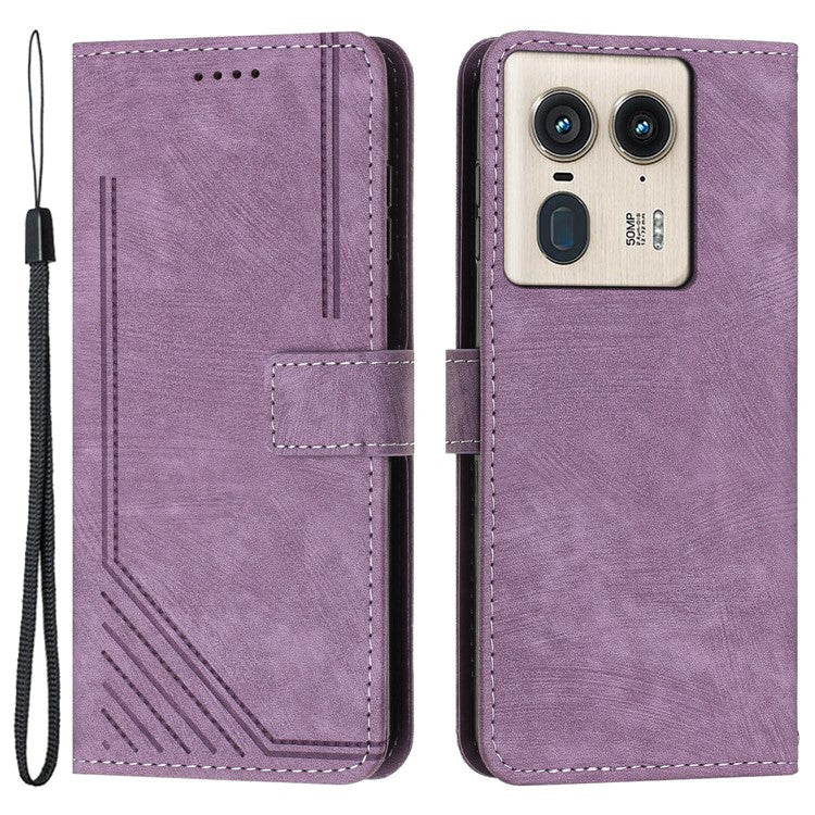 For Motorola Edge 50 Ultra 5G / Moto X50 Ultra 5G Phone Case Lines Imprint PU Leather Wallet Stand Cover - Purple