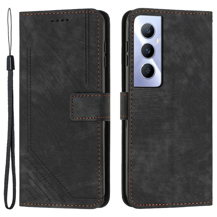 For Realme C65 4G Case Imprinted Lines Wallet Leather Flip Phone Cover - Black
