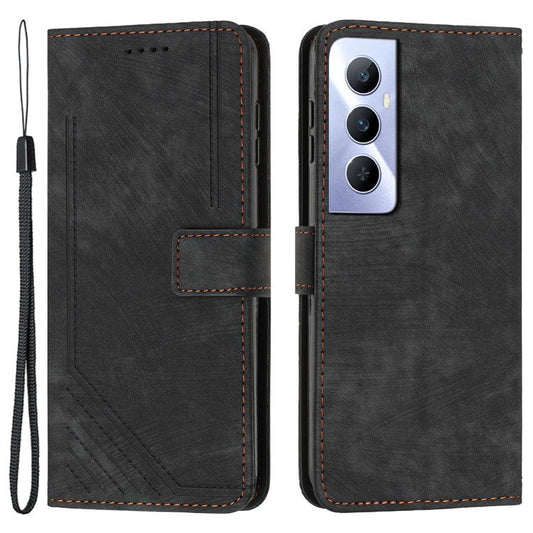 For Realme C65 4G Case Imprinted Lines Wallet Leather Flip Phone Cover - Black