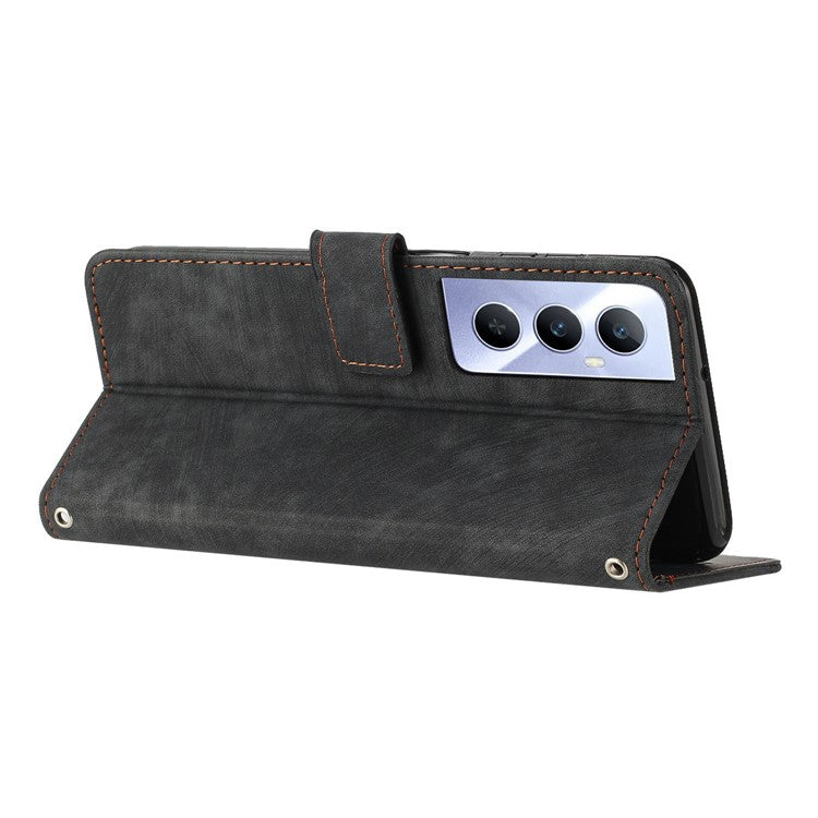 For Realme C65 4G Case Imprinted Lines Wallet Leather Flip Phone Cover - Black