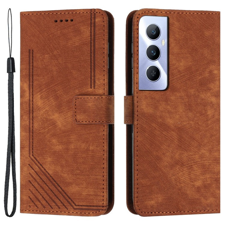 For Realme C65 4G Case Imprinted Lines Wallet Leather Flip Phone Cover - Brown