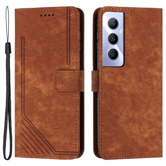 For Realme C65 4G Case Imprinted Lines Wallet Leather Flip Phone Cover - Brown