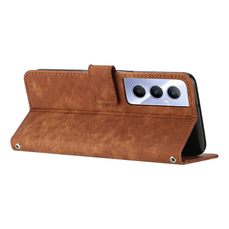 For Realme C65 4G Case Imprinted Lines Wallet Leather Flip Phone Cover - Brown