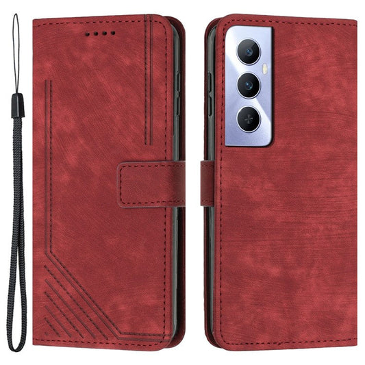 For Realme C65 4G Case Imprinted Lines Wallet Leather Flip Phone Cover - Red