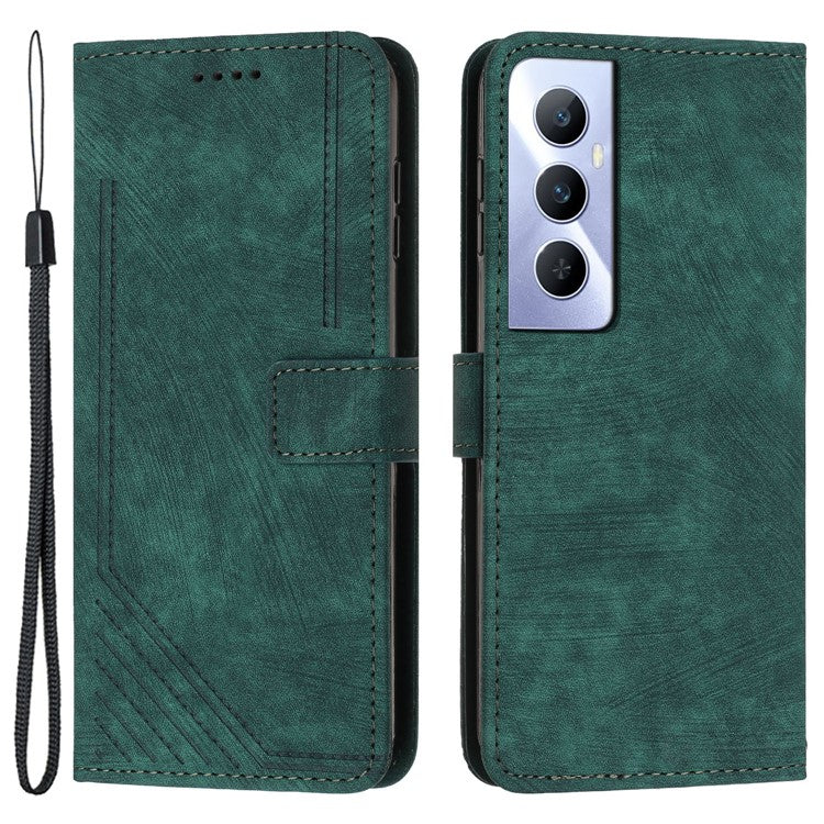 For Realme C65 4G Case Imprinted Lines Wallet Leather Flip Phone Cover - Green