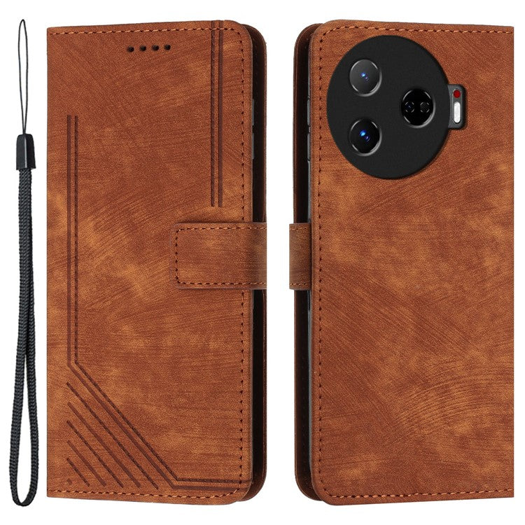 For TECNO Camon 30 Pro 5G Phone Cover Lines Imprinted Anti-Scratch PU Leather Stand Case - Brown