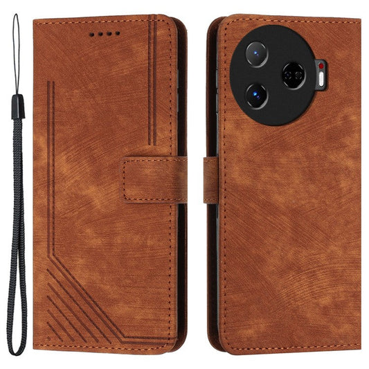 For TECNO Camon 30 Pro 5G Phone Cover Lines Imprinted Anti-Scratch PU Leather Stand Case - Brown