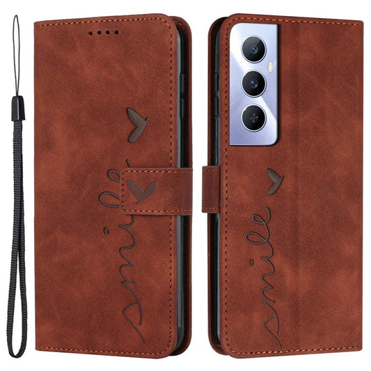 For Realme C65 4G Wallet Case Love Heart Imprinted Skin-Touch Feeling Leather Cover - Brown