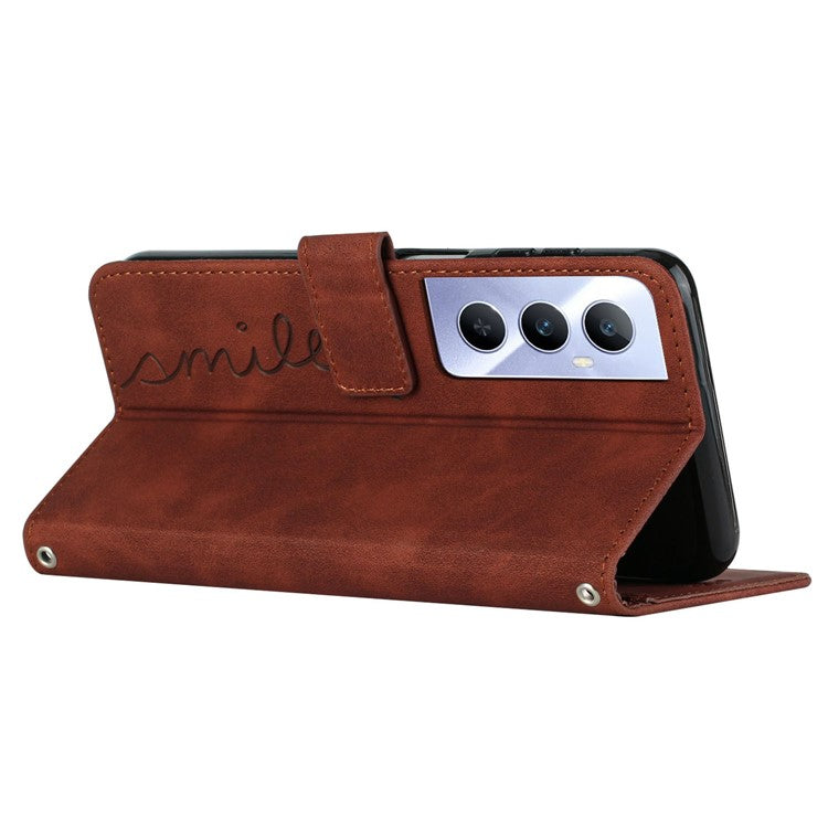 For Realme C65 4G Wallet Case Love Heart Imprinted Skin-Touch Feeling Leather Cover - Brown